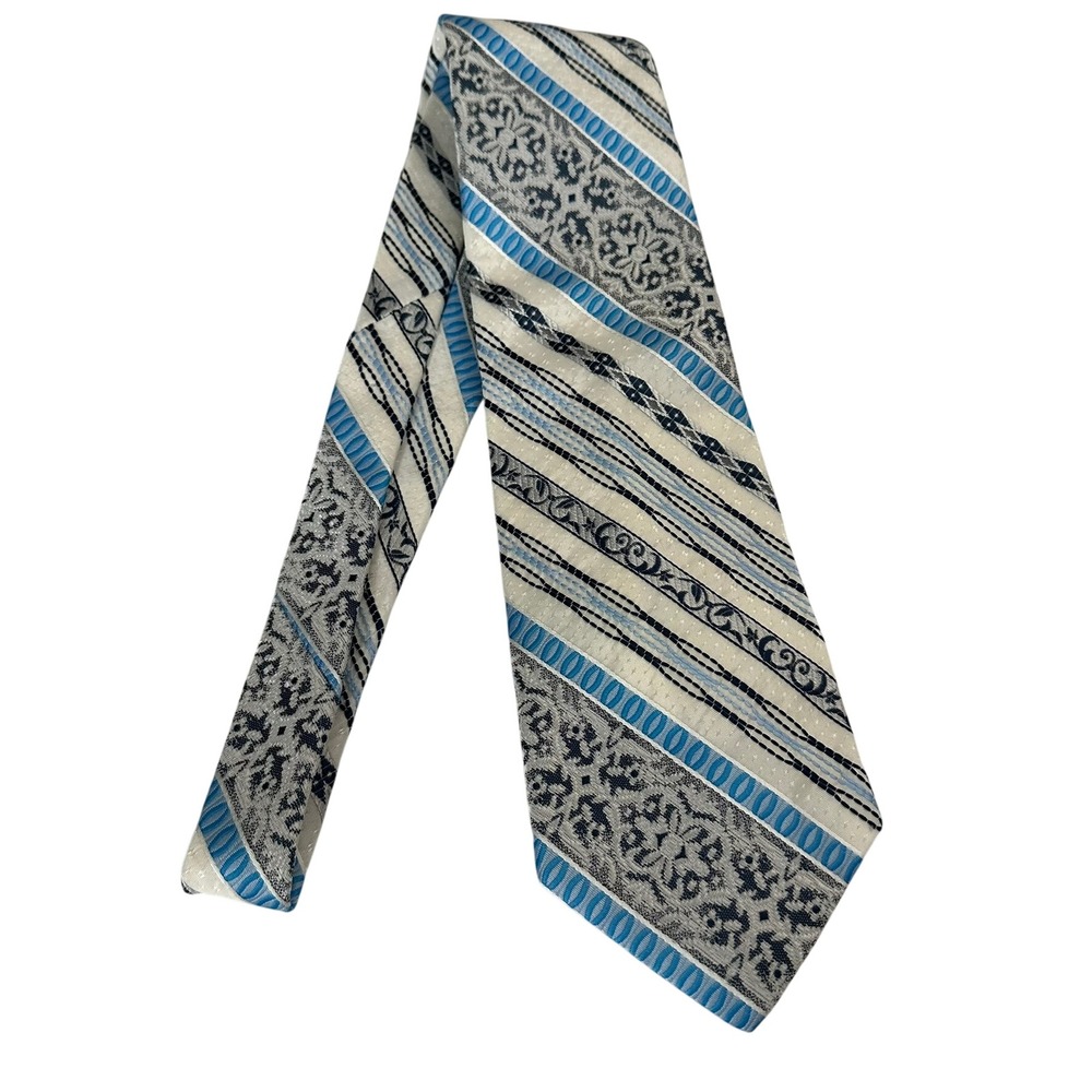 Vintage Wide Tie 4" Patchwork Stripe Tapestry Blue Gray Retro Brocade Dandy